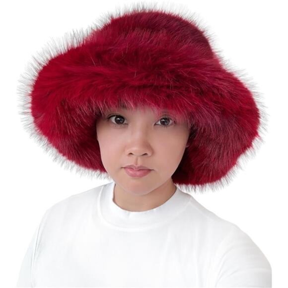 Women\'s Oversized Winter Faux Fur Bucket Hat Long Pile Fur Wide, Dark Red